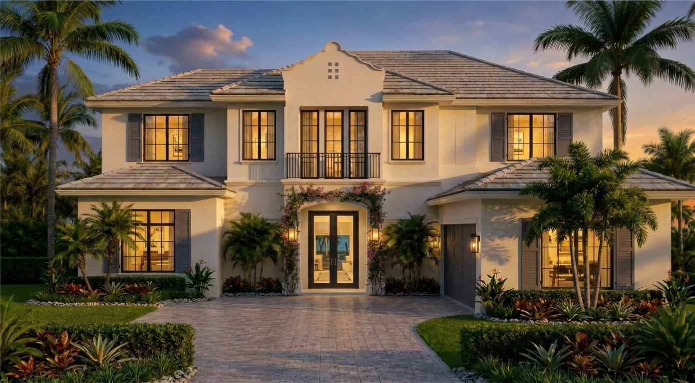 Front elevation at dusk with glowing interiors